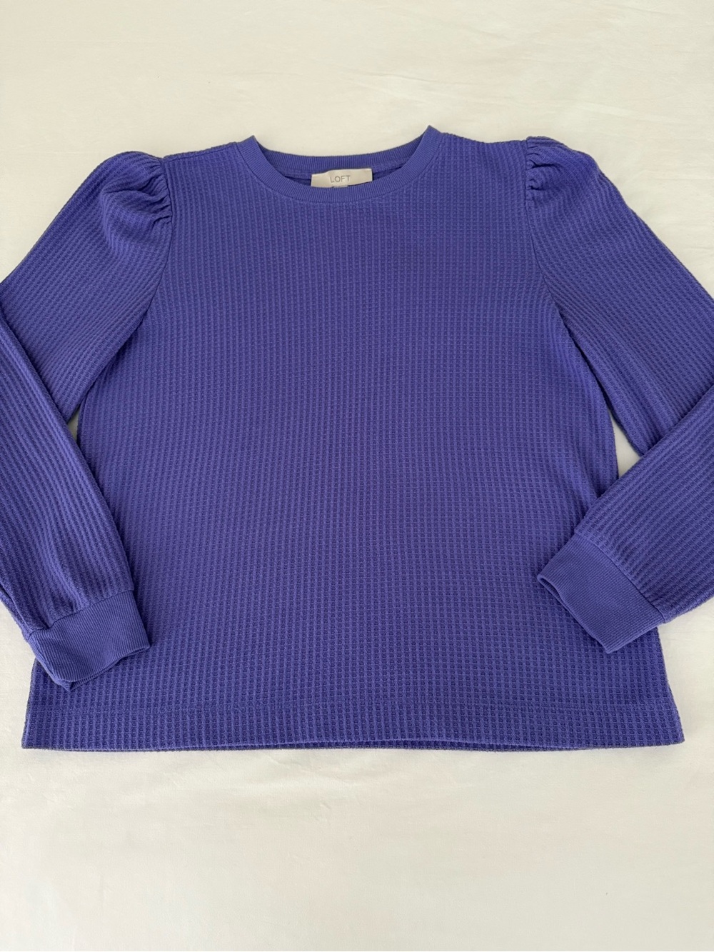 LOFT Purple Waffle Knit Puff Shoulder Long Sleeve Top Size L Preppy Fall